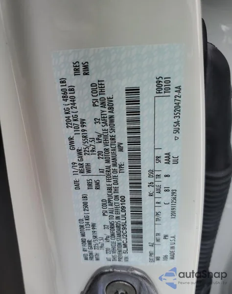 2020 Lincoln Corsair Reserve z USA, uszkodzony, nr VIN 5LMCJ2C95LUL09100